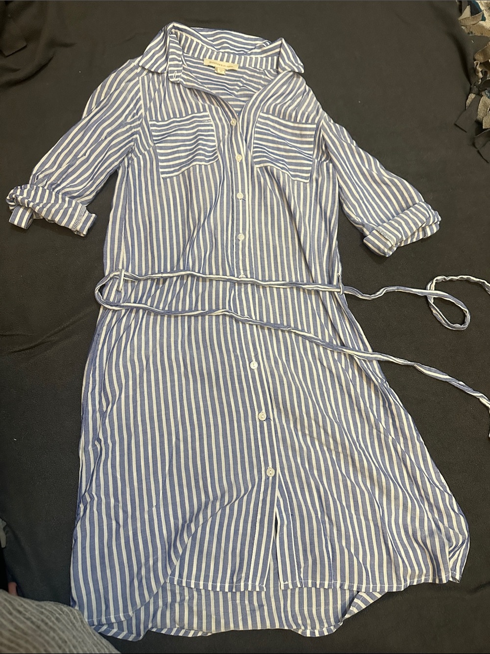 Monteau XS Blue and White Striped Shirt Dress with Tie Waist
